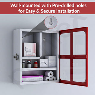 Plantex GI Steel First Aid Box Empty/Medicine Box for Home/Emergency Medical Box for Medicine Storage with Multi Compartments for School, Office, Factories with Clip Lock (Red & White) Wall Mountable