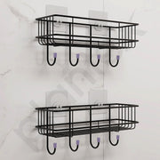 Plantex Multipurpose Bathroom Organiser Without Drill/GI Steel Self-Adhesive Shelf/Wall Mounted Shelf for Bathroom With Hooks- Pack of 2 (Black,Powder Coated)