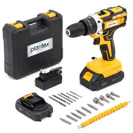 Plantex 21V Cordless Drill Machine for Home/10mm Chuck Electric Screwdriver & Power Drill Kit with 2 Lithium-Ion Batteries, Charger, Accessories & Storage Case (ML-D005, Yellow)