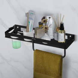 Plantex 4in1 Shelf for Bathroom/Stainless Steel Shelf with Tumbler Holder, Liquid Soap Dispenser and Napkin Holder for Home/Office - Pack of 1 (Black)