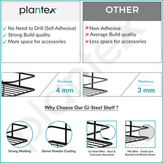 Plantex Self Adhesive Corner Shelf for Bathroom/Adhesive Shelf for Kitchen - with Magic Sticker/Bathroom Organizer Without Drill - Pack of 2 (Diamond, Black)