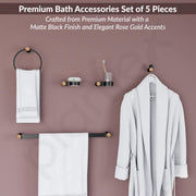 Plantex Bathroom Accessories Set/Frosted Glass Soap Holder & Tumbler Holder/Towel Rod/Napkin Holder/Robe Hook/Bathroom Accessories - Set of 5 (Black & Rose Gold)