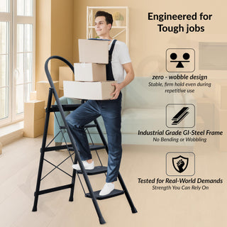 Plantex Hercules Pro 5-Step Foldable Ladder for Home with 200 kg Load Capacity/Heavy-Duty GI Steel Ladder/Anti-Slip Wide Step/Strong, Stable & Multi-Purpose (Black)