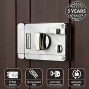 Plantex Heavy Duty Rim Locks for Main Door/Night Latch Lock with 4 Keys/Tribolt Lock with 5 Years of Warranty/Suitable for Inside Opening Door- Pack of 1 (Satin White & Chrome)