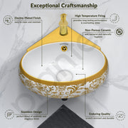 Plantex Ceramic Wash Basin/Corner Basin for Bathroom/Round Designer Tabletop Basin/Vessel Sink for Home/Office (14x14x6 inch - Gold & White)