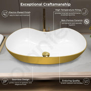 Plantex Ceramic Wash Basin for Bathroom/Table Top Washbasin/Designer Countertop Basin for Bathroom/Restaurants/Hotel (White&Gold - 24.5 x 13 x 5.5 Inch)