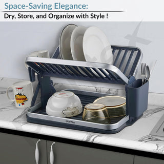 Plantex Kitchen Storage Rack/Aluminium Fold Flat Dish Drying Rack/2-Tier with Drainboard/Kitchen Organiser Rack - (Silver & Grey)