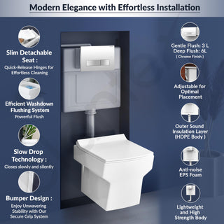 Plantex Ceramic Commode with Conceal Flush Tank/Wall Hung Commode with Dual Flush Tank/Tank with all internal accessories/Square Toilet with Soft Closing Toilet Seat – (White)