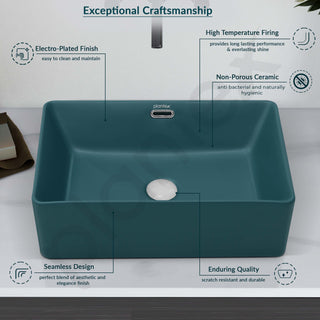 Plantex Ceramic Basin/Washbasin for Bathroom/Rectangle Tabletop Basin/Countertop Vessel Sink for Home/Office (Matt Green - 20 x 14 x 6 Inch)