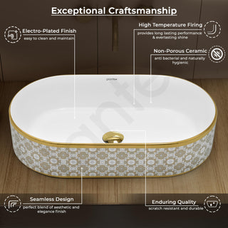 Plantex Designer Washbasin for Bathroom/Ceramic Countertop Basin/Oval Tabletop Wash Basin/Hand Wash Sink for Restaurant/Hotel (20.5x12x4.5 inch - White & Gold)