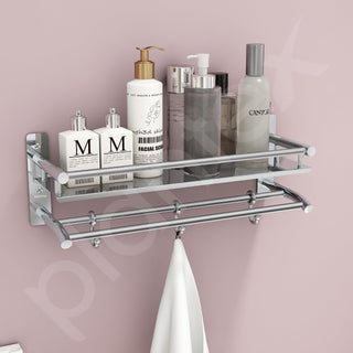 Plantex Premium Stainless Steel Bathroom Shelf/Multipurpose Rack with Towel Hooks & Hanger/Rod/Bathroom Organiser with Drill/Bathroom Stand-(2-Tier,Chrome)