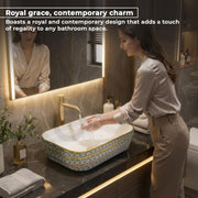 Plantex Designer Wash Basin for Bathroom/Ceramic Table Top Washbasin/Countertop Vessel Sink Basin - (White Art, 20 x 15 x 6 Inch)