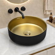 Plantex Table Top Wash Basin for Bathroom/Designer Ceramic Basin/Round Countertop Vessel Sink Basin for Home/Office/Hotel (Black & Gold - 14 x 14 x 5 Inch)