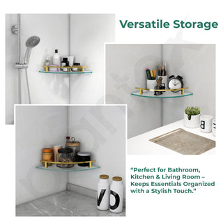 Plantex Premium Frosted Glass Corner Shelf for Bathroom/Glass Shelf/Storage Shelf - (12x12 in,Brass Antique-Pack of 3)