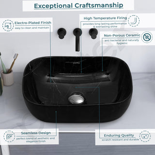Plantex Ceramic Wash Basin for Bathroom/Hand Wash sink/Black Countertop Basin/Tabletop Washbasin For Living Room/Hotel(18x12.5x5.5 Inch - Black- Marble Finish)