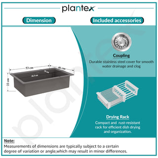 Plantex Quartz Acrylic Kitchen Sink with 10 Years Warranty by Plantex/Undermount Quartz Sink for Kitchen/Granite Single Bowl Kitchen Sinks with Coupling (Con 32x20 Inches)