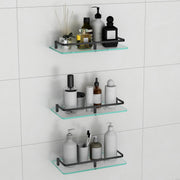 Plantex Bathroom Accessories - Wall Mounted Bathroom Shelf/Glass Shelves for Kitchen/Living Room with Black Brass Railings (Frosted - 12x6 Inches - Pack of 3)