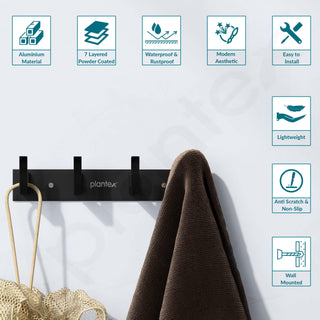 Plantex Aluminum Hook Rail with L-Shape Hooks for Walls of Bathroom/Kitchen–Hook Rail Bar for Clothes/Towel/Keys-Pack of 3 (4 Hooks, Black)