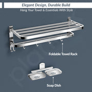Plantex 304 Stainless Steel Dual Folding Towel Rack for Bathroom with Double Soap Dish/Holder/Bathroom Organizer/Bathroom Accessories Set- Chrome