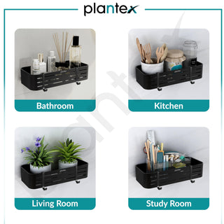 Plantex Self Adhesive Shelf for Bathroom Wall/Aluminium Kitchen Rack Adhesive with Removable Hooks & Magic Stickers/Bathroom Organiser Without Drill (12x5 inches, Matt Black)