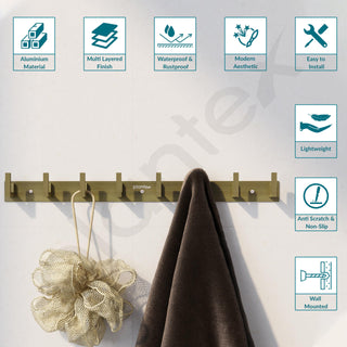 Plantex Aluminum Hook Rail with L-Shape Hooks for Walls of Bathroom/Kitchen–Hook Rail Bar for Clothes/Towel/Keys - Pack of 3 (8 Hooks, Brass Antique)