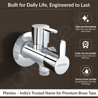 Plantex FLO-808 Pure Brass 2-Way Angle Valve/Angle Cocke for Bathroom With Brass Wall Flange & Teflon Tape (Mirror-Chrome Finish)
