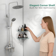 Plantex Premium Frosted Glass Corner Shelf for Bathroom/Kitchen Glass Shelf with Brass Railings and Brackets/Bathroom Corner Shelf/Storage Rack (Black-9x9 Inches- Pack of 2)