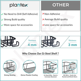 Plantex 4in1 Bathroom Organiser Without Drill/Self Adhesive Shelf for Bathroom and Soap Dish/GI Steel Wall Mounted Shelf and Soap Holder with Hooks (Black)
