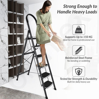 Plantex 6 Step Ladder -Foldable Steel 6 Step Ladder-Wide Anti Skid Steps-Made in India(Grey & White)