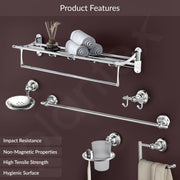 Plantex Bathroom Set - Stainless Steel Folding Towel Rack with 304 Grade Skyllo Bathroom Accessories Set of 5 - Towel Rod/Napkin Ring/Tumbler Holder/Soap Holder/Robe Hook - Combo (Chrome)