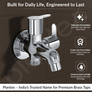 Plantex Pure Brass 2 Way Bibcock Water Tap with Brass Wall Flange & Teflon Tape/Quarter Turn Washing Machine tap with Water Saving Aerator/Basin tap-(FLO-807-Chrome)