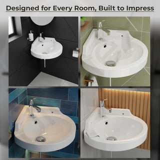 Plantex White Corner Wash Basin/Wall Mount Basin for Bathroom/Ceramic Tabletop Basin with 10 Years Glaze Warranty by Plantex/Small Corner Sink (Breva, 14.5 x 14.5 x 5 Inch)