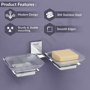Plantex 304 Grade Stainless Steel and Frosted Glass Double Soap Dish/Soap Stand/Soap Storage/Dual Soap Holder for Bathroom/Bathroom Accessories - Crystal (Chrome)