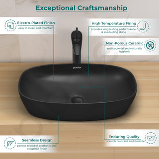 Plantex Black Basin for Bathroom/Ceramic Table Top Wash Basin/Over Counter Washbasin for Restaurant, Hotel (Matt Black, 23 x 14.5 x 5 Inch)