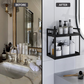 Plantex Deluxe 2 Tier Self Adhesive Bathroom Shelf Rack/Bathroom Organiser Without Drill/Bathroom Shelf Rack/Kitchen Stand Kitchen Multipurpose Shelf(Black, Powder Coated,GI Metal)