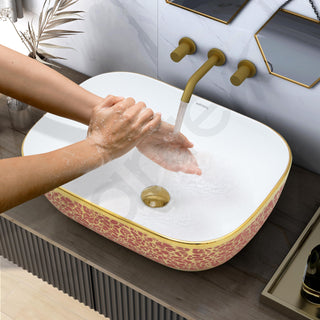 Plantex Ceramic Washbasin for Bathroom/Designer Countertop Basin/Rectangle Tabletop Wash Basin for Home/Office/Hotel (18x13x5 Inch - White & Gold)