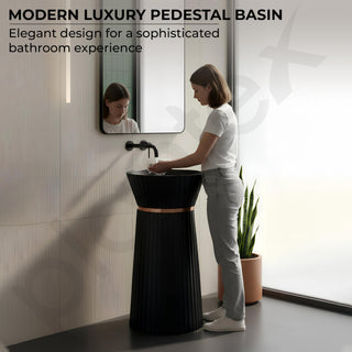 Plantex Round Pedestal Basin for Bathroom/Ceramic Designer One Piece Pedestal Free Standing Wash Basin for living Room/Hotel (Black-17x17x33.5 inch)