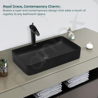 Plantex Ceramic Basin/Tabletop Wash Basin for Bathroom/Rectangle Over Counter Vessel Sink for Restaurant/Hotel (Matt Black, 24 x 14 x 4.5 Inch)
