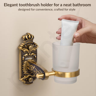 Plantex Antique Aluminium Tumbler Holder/Matt Glass Tooth Brush Stand/Bathroom Accessories (Brass-Antique Finish)