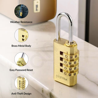 Plantex 4-Digit Code Combination Brass Locks/Number Lock/Portable Luggage Lock/Travel Lock for Briefcase/Laptop Bags - Pack of 1 (Small, Brass Antique)