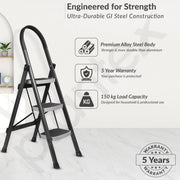 Plantex 3 Step Ladder for Home - Foldable Steel 3 Step Ladder-Wide Anti Skid Steps - Space-Saving (Grey & White)
