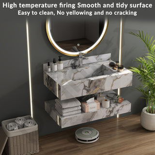 Plantex Slab Tile Floating Vanity with Washbasin for Bathroom/Wall Mount Wash Basin with Cabinet Full Set - 32 x18 inch (ED-Gold-Marble Finish)