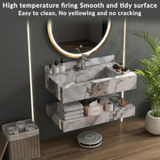 Plantex Slab Tile Floating Vanity with Washbasin for Bathroom/Wall Mount Wash Basin with Cabinet Full Set - 32 x18 inch (ED-Gold-Marble Finish)