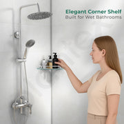 Plantex Premium Frosted Glass Corner with Brass Railings and Brackets/Shelf for Bathroom/Wall Shelf/Storage Shelf (9x9 Inches) - Pack of 1 (Silver Matt)