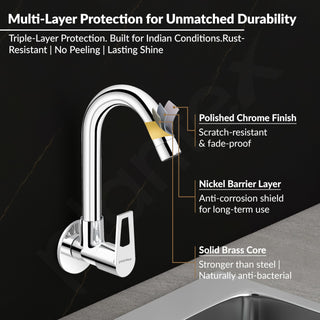 Plantex Pure Brass Sink Tap for Kitchen Basin/Wall Mount Sink Cock for Kitchen with Wall Flange and Teflon Tapes/Water Tap -(3204, Chrome)