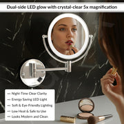 Plantex Brass and 304 Stainless-Steel Magnifying Mirror with LED/Makeup Mirror with Light/Zoom Mirror- 5x/1x Magnification (8 Inch-Chrome/Wall Mount)