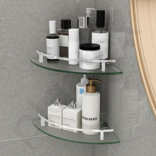 Plantex Premium Glass Corner Shelf for Bathroom/Bathroom Corner Shelf/Kitchen Glass Shelf/Wall Mounted Shelf with Brass Railings and Wall Brackets (9x9 Inches-Pack of 2 - Frosted)