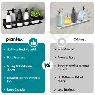 Plantex Bathroom Organiser Without Drill/Stainless Steel Self Adhesive Shelf for Bathroom/Wall Shelf for Kitchen/No Drill Shelves- Pack of 1 (16 x 4 Inch - Black)