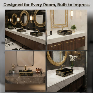 Plantex Ceramic Designer Washbasin for Bathroom/Countertop Wash Basin/Rectangle Tabletop Hand Wash Basin for Restaurant/Hotel (19x15x5 Inch - Black & Gold)