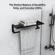 Plantex Space Aluminium Towel Rack with Fix Towel Rod/Towel Bar/Towel Hanger/Towel Stand for Bathroom/Bathroom Accessories (Black)